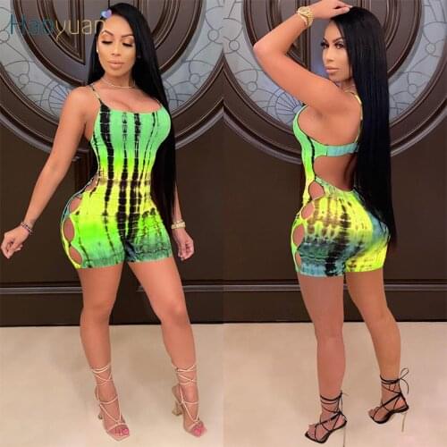 HAOYUAN Sexy Tie Dye Bodycon Playsuit Spaghetti Strap Backless Shorts Rompers for Women Summer Hollow Out One Piece Club Outfits