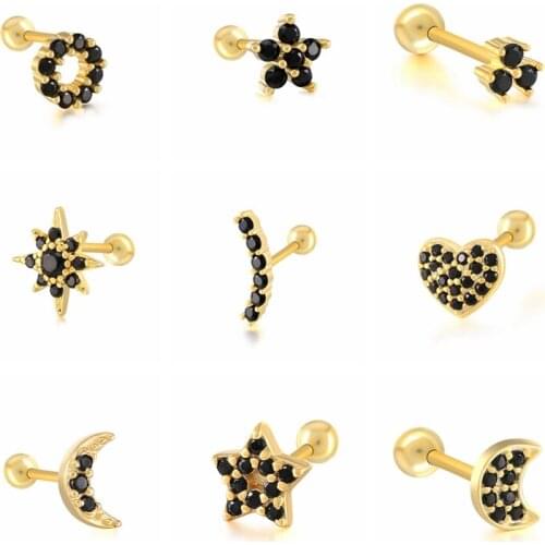 CANNER Stud Earrings 925 Sterling Silver Small Bling Black Zircon Ear Bone Piercing 1 PCS 2021 Trend Pendientes mujer Aretes