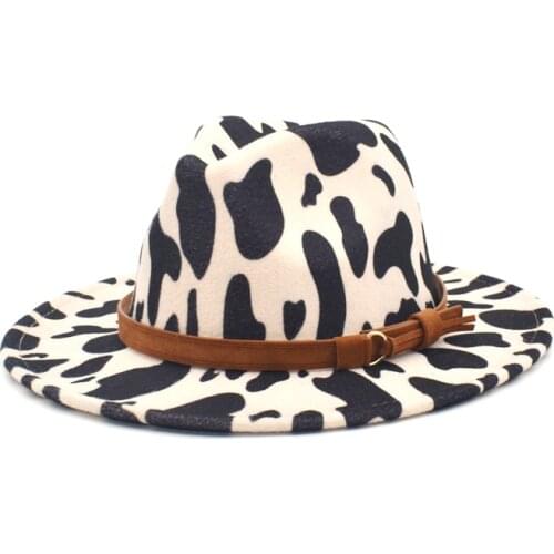 FUODRAO New Classic Cow Print Fedoras Hats For Women Wool Felt Jazz Caps Men Wide Brim Cowboy Hat Man Dropshipping NN14