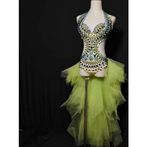 Rhinestone & Yellow Tail Sexy Hollowing Out Jazz Dance Costume For Women Nightclub Birthday Party Bar DJ Gogo Singer Wear DJ287