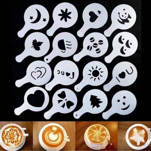 16Pcs Coffee Stencils Cappuccino Fancy Printing Model Foam Spray Cake Sugar Chocolate Cocoa Coffee Drawing Powdered Sieve Tools