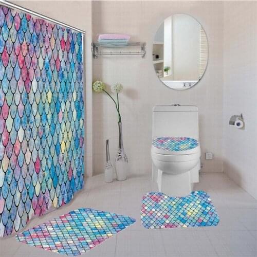 Mermaid Pattern Shower Curtain Sets Rainbow Fish Scale Bath Curtain Toilet Lid Cover Bathroom Mat Shower Screen and Rug Mat Set