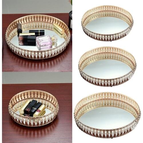 Mirrored Round Candle Plate Metal Crystal Glass Decorative Perfume Cosmetic Tray