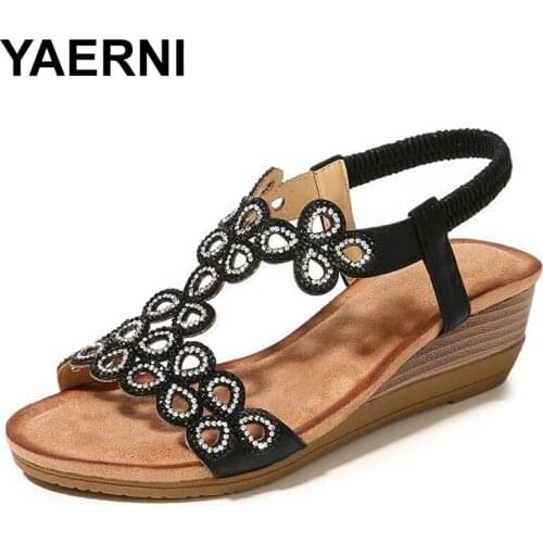YAERNI2019Gold Sandals Ladies Sandals Wedge Hollow Crystal Rhinestone Sandals Silver Bohemia Sandalias De Verano Para Mujer E853