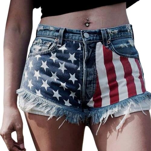 Summer Women Mid Rise Casual Pocket Denim Shorts American Flag Print Frayed Raw Hem Ripped Short Jeans