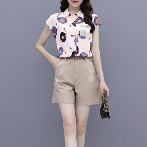 2021 Women Summer Elegant Suits Casual Lapel Cartoon Print Chiffon Shirt Tops and High Waist Short With Belt Two Piece Set