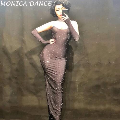 Women Sexy Stage Black Long Dress Full Sparkling Crystals Nightclub Party Banquet Clothing Stage Wear Singer Costume