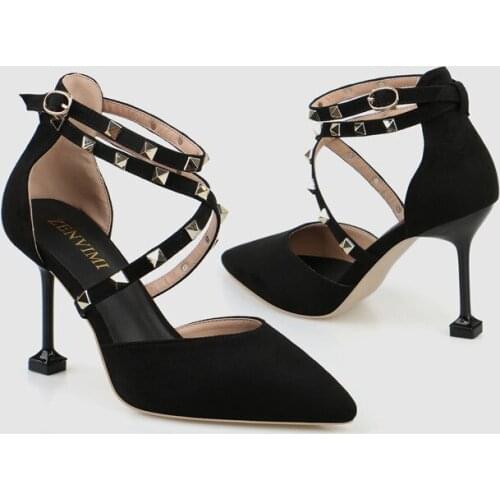 Womens shoes suede autumn 2020 new slim square heel rivet high heels and sandals women pointed shallow mouth single shoes