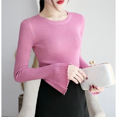 GKfnmt Shiny Lurex Autumn Winter Sweater Women Long Flare Sleeve Pullover Women Basic Sweaters 2019 Korean Style Knit Pink Tops