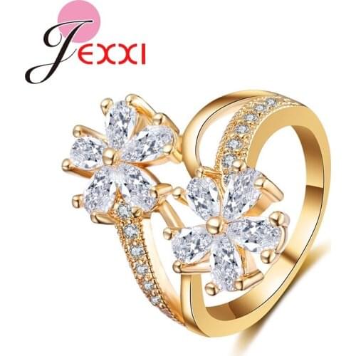 Wedding Accessories Cubic Zirconia CZ Crystal Yellow Gold Color Flower Ring for Women Girl Anniversary Gift