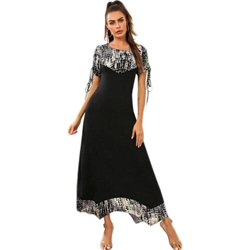 Abaya Muslim Women Slim Long Dress Patchwork Arab Jilbab O-neck Short Sleeve Summer Casual Dresses Lace Up Robe Jilbab 2020 New