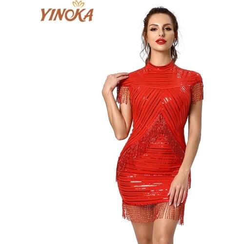 Yinoka Sexy Women Turtleneck Tassel Red Bodycon Bandage Dress Summer Club Bandage Slim Evening Runway Party Mini Dress