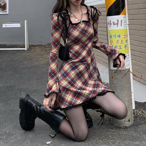 Japanese Gothic Lolita Dress Spring Women Vintage Victorian Plaid Paty Mini Dress Girls Streetwear Square Collar Punk Dresses