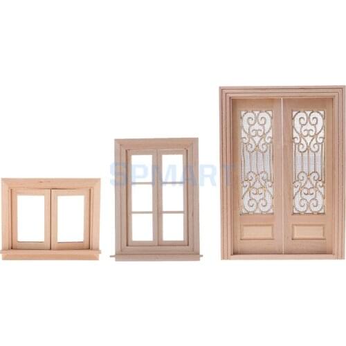 1/12 Dollhouse Miniature Furniture Decor Hollow Screen Double Door + Pane Window Unpainted DIY Accessories