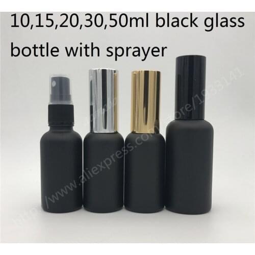 100pcs/lot 10ml,15ml,20ml,30ml,50ml Empty Matte Black Glass Spray Bottle with Fine Mist Sprayers for Essential oil, Black Bottle