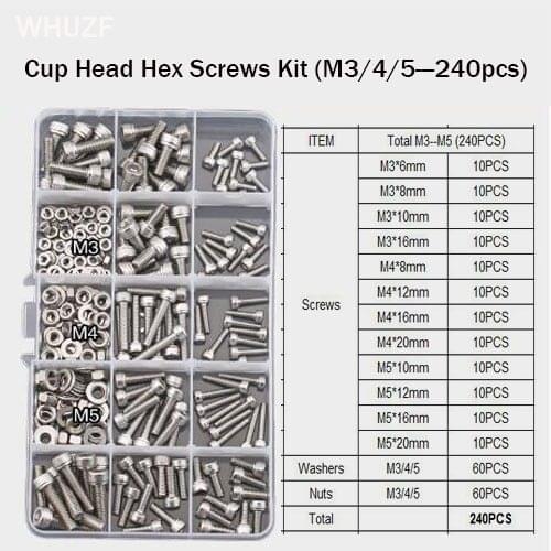304 Stainless Steel 240pcs M3 M4 M5 Stainless Steel Cup Head Hex Socket Washer Bolts Machine Screw and Nut Kit with High Quality