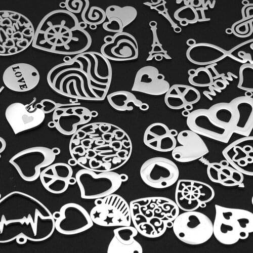 50pcs/lot Mix Designs Stainless Steel Heart DIY Pendant Charms Connector Wholesale Finding Supplies Never Fade