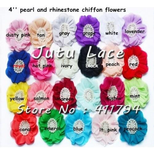 60 pcs / lot , 4'' shabby chiffon flowers with rhinestone for hair accessories headwear chiffon flower
