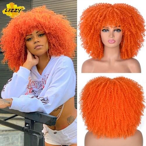 Short Hair Afro Kinky Curly Wigs With Bangs For Black Women African Synthetic Cosplay Bomb Omber Glueless Wigs Lizzy