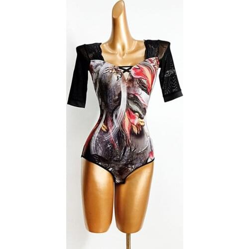 TL584 Floral Patchwork Lace Shoulder Latin Dance Dress Women Bodysuit Latin Dance Tops for Ballroom Tango Dancing Performamnce