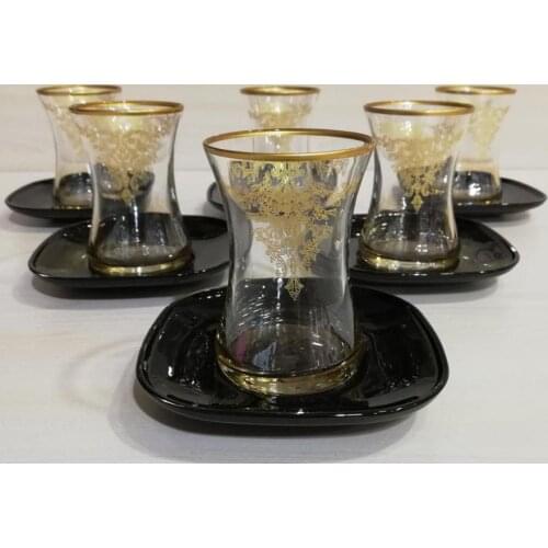 Decorated Gold Gilded Lux Turkish Tea Set Total 12 pieces