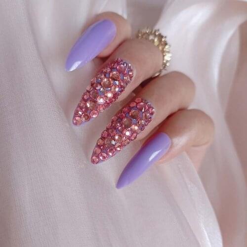 Bride Artificial 3D False Nails, Wedding Diamond Finger Fake Nail 24pcs/set purple
