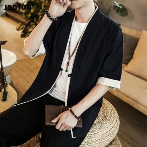 JDDTON Summer Mens Linen Kimono Long Cardigan Outerwear Coats Fashion Streetwear Short Loose Male Jackets Casual Overcoat JE691