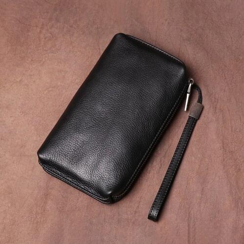 Vintage Men Clutch Bags Genuine Leather Casual Long Wallet Brown Credit Card Holder Small Phone Bag High Quality Purses