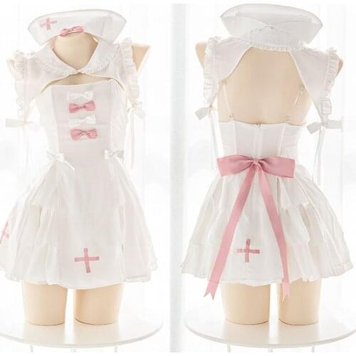 Lovely Pure White Nurse Uniform Suit Sweet Lolita Cute Bow Bubble Dress Sexy Cosplay Soft Girl Cross Embroidery Underwear Set