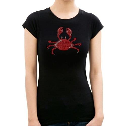 Cute Red Crab design Rhinestone Stud Women T-Shirts ocean beach crabby NWT