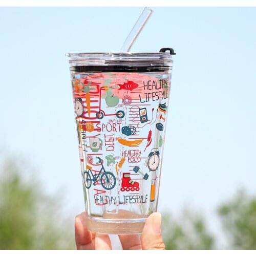 Animal Cartoon Carton Glass Water Bottles Family Digital Glass Measuring Cup Milk Coffee Glass Cup With Lid Tea Straw Mug