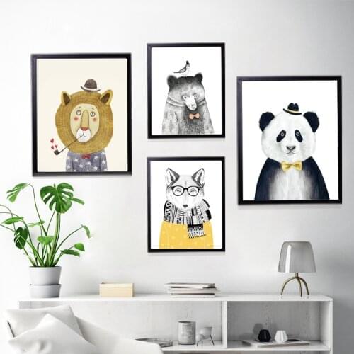 Cartoon Cute Animals Spray Canvas Painting Panda Lion Fox Bear Decorative Painting Childrens Room Painting Home Decor Wall Art