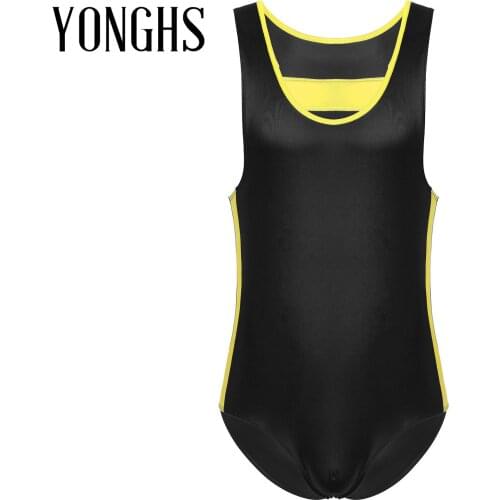 Mens Lingerie Sexy Bodysuit Round Neck Sleeveless Undershirts Sports Fitness Patent Leather Patchwork Gymnastic Leotard Jumpsuit