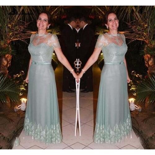 Mint Green Mother Of The Bride Dresses Short Sleeve Floor Length Appliques Long Women Wedding Guest Gowns Plus Size