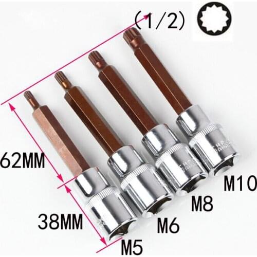 4pcs/lot 1/2" 100mm long 12 Point Spline Screwdriver Bit Set Drive Socket Head Screwdriver CR-V Material Hand Tool M5 M6 M8 M10