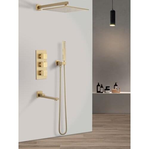 Brush Gold shower faucet set wall mounted brass bathtub faucet set square thermostatic bathroom shower faucet tap