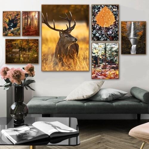 Forest Sun Elk Mountain Waterfall Leaves Wall Art Canvas Painting Nordic Posters And Prints Wall Pictures For Living Room Decor