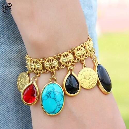 New Design Hollow Chain Oval Turquoise Crystal Glass Gold Coin Oman Middle East Party Wedding Anniversary Bracelet Wholesale