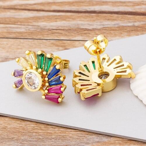 New Trendy Design Copper CZ Earrings for Women Rainbow Shine Zirconia 24K Real Gold Stud Earrings Party Wedding Jewelry Gifts