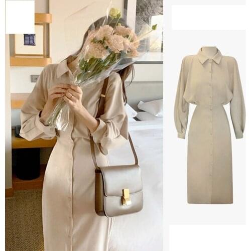 Vintage Dress Women Spring Summer Lantern sleeve Shirt Dresses Fashion Elegant High Waist Lady Korean office Lace Up Long Dress