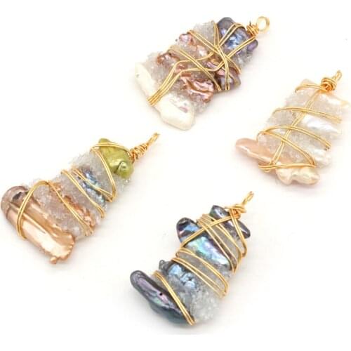 Freshwater Pearl Pendant Copper Wire Winding 4 Colors Pearl Charms for DIY Jewelry Making Earrings Necklace Bracelet 25x55mm