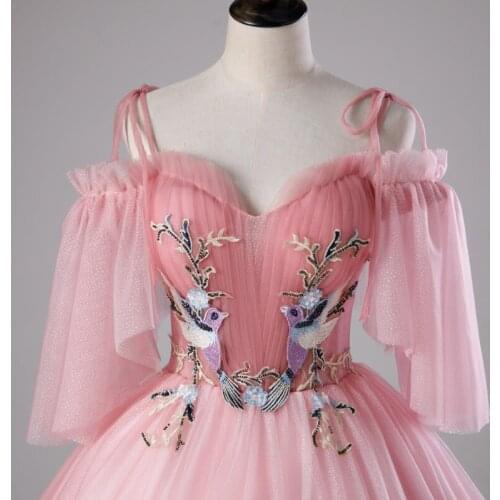 Pink bird embroidery applique veil long dress medieval Renaissance Victoria dress ball gown