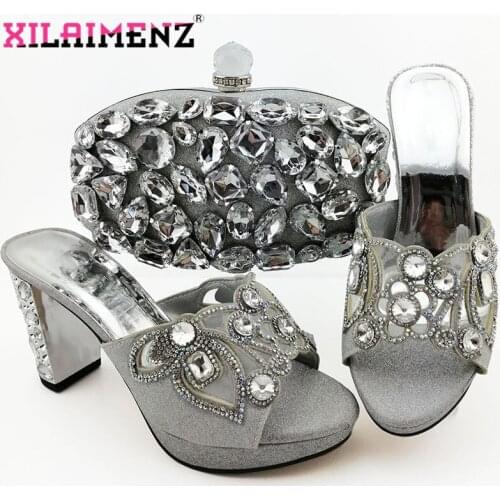 Silver High Quality 2019 Summer New Design Matching Slippers and Bag Set High Heels Matching Shoes and Bag Set for Wedding