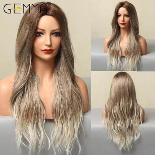 GEMMA Synthetic Wigs for Women Afro Ombre Brown Gray Ash Light Blonde Long Wavy Middle Part Wigs Heat Resistant Cosplay Hair