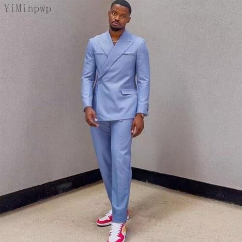 YiMinpwp Light Sky Blue Blazer Jacket Men Suits Peaked Lapel Wedding Suits for Men Tuxedos Groom 2 Piece Coat+Pant