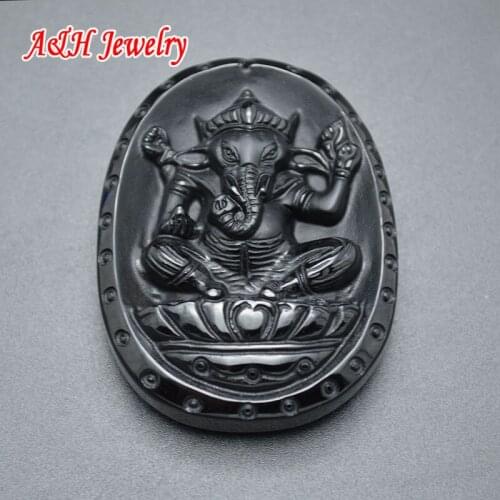 Thailand Black Obsidian Fine Carved Relief Ganesh Pendants For Sweater Chain Necklace Making Materials 5pc/lot