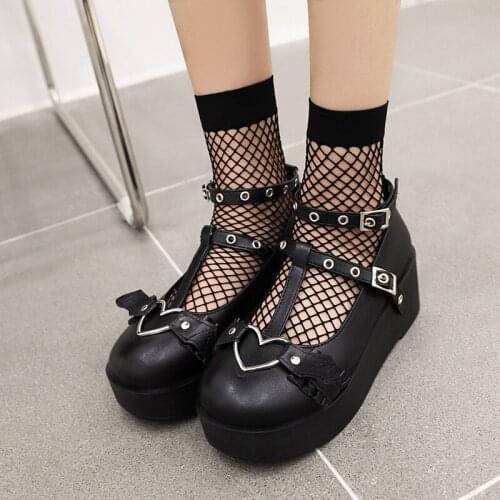 Thick-Soled Inner Raised Metal Round Hole Punk Style Fashion Pumps Bow-Knot Metal Love Platform Shoes Platform High-Heeled Shoes