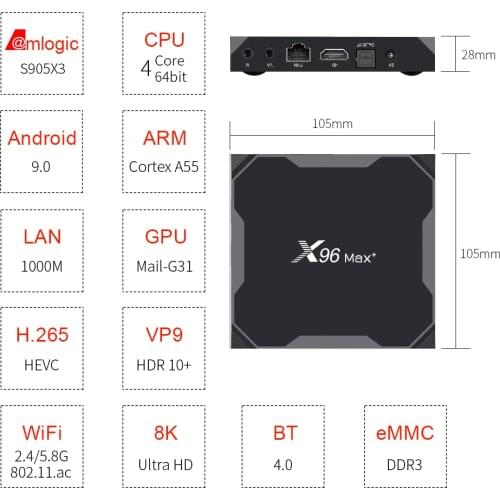 X96mini+ TV Box 4K Android 9.0 Quad Core 2.4/5.8 GHz WiFi1/2GB RAM 8/16GB ROM Set Top Box Dual Band WiFi Smart TV Media Player