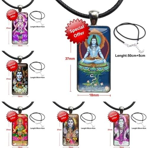 Conveniency Lord Shiva Hindu God Buddha India Mahakal Vintage Jewelry Steel Color Glass Cabochon Choker Pendant Long Rectangle