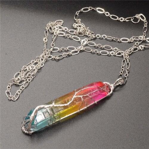 Vintage Irregular Natural Stone Rainbow Tourmaline Crystal Pendant Necklace Wire Wrap Jewely Lady Gift Chakra Rock ColorfulY635